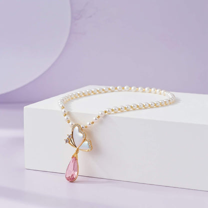 Floral Butterfly Pearl Necklace in Soft Pink Shade