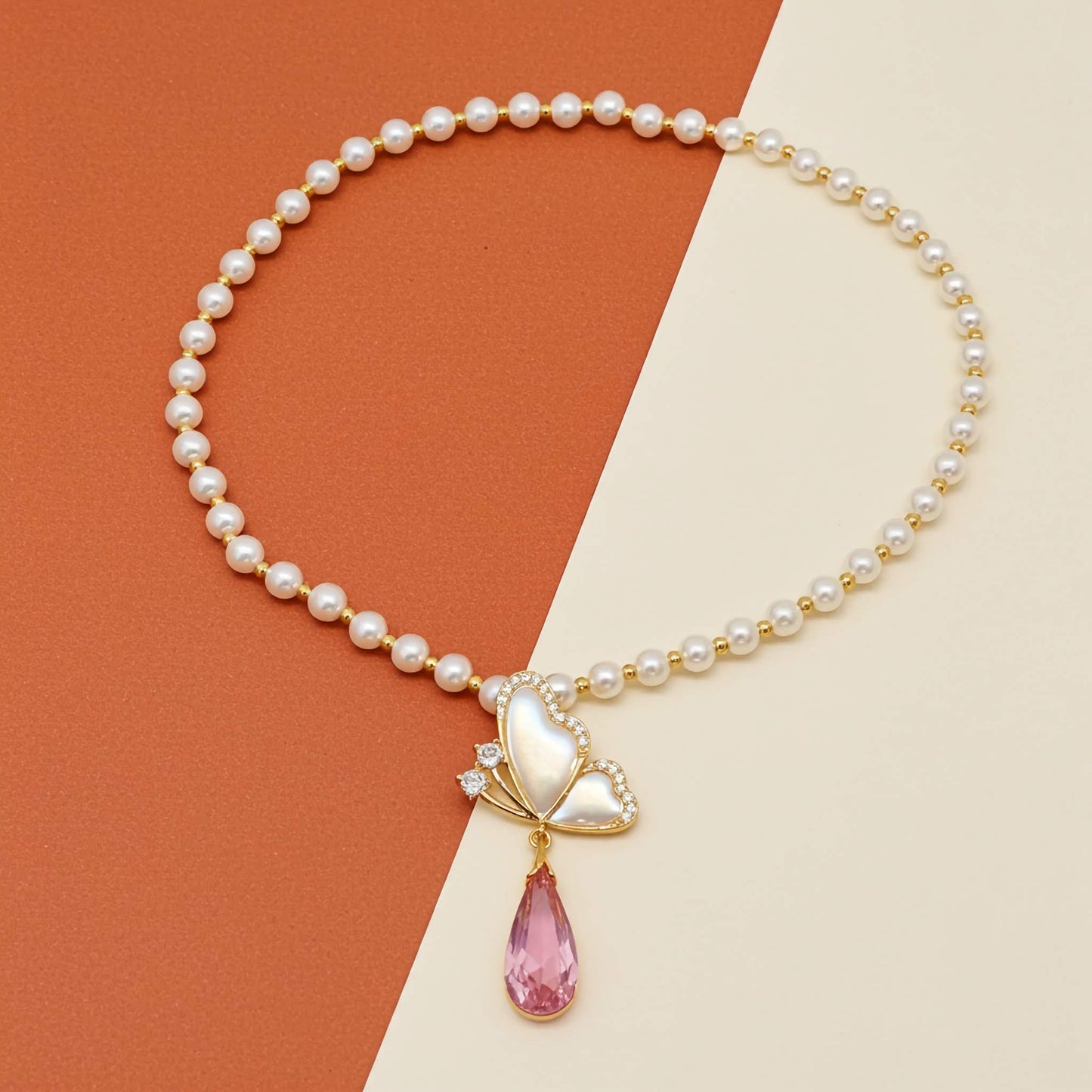 Floral Butterfly Pearl Necklace in Soft Pink Shade