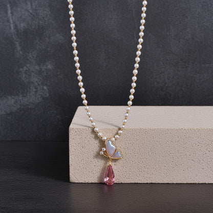 Floral Butterfly Pearl Necklace in Soft Pink Shade