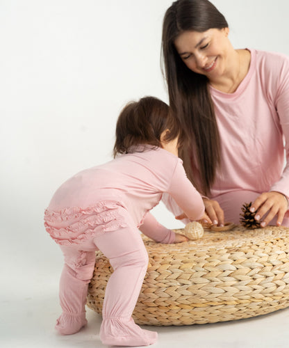 Bamboo Ruffle Footies with Two Way Zipper (Coral Blush)