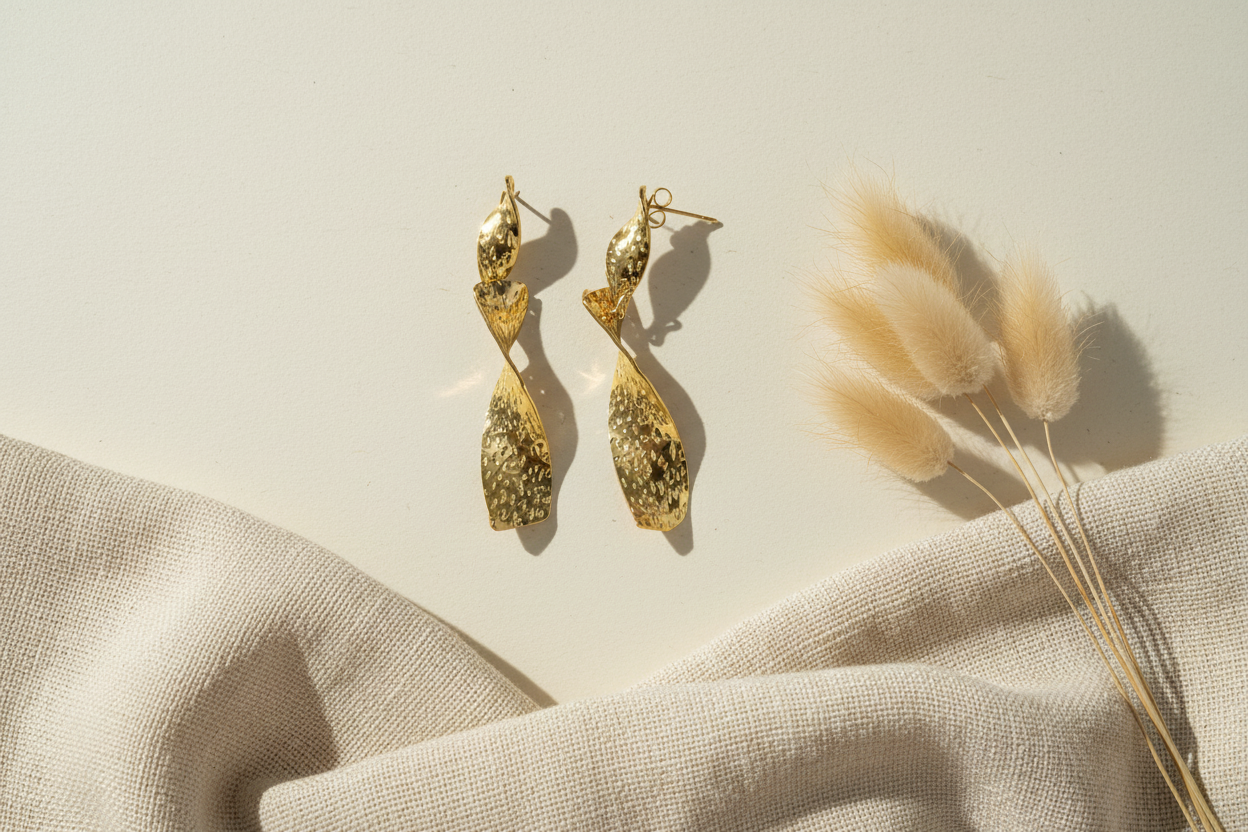 Beaten Metal Twist Earrings - Gold Stainless Steel