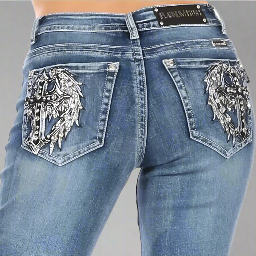 Jean coupe bootcut orné de strass pour femme avec poches arrière brodées d'ailes d'ange et détails à sequins