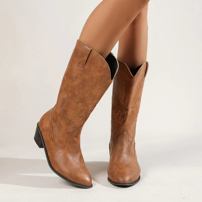 Plus Size Autumn New Mid-calf Riding Boots Embroidered Mid Heel Snow
