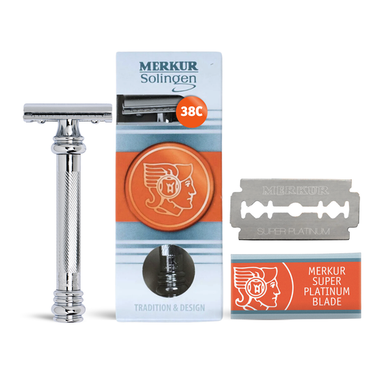 Rasoir de sûreté Merkur 38C 2 pièces DE, Peigne fermé, Long manche lourd type "barbier", Chrome