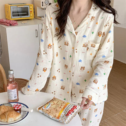 Pure Cotton Cartoon Long-sleeved Pajamas Set Letter Bear Homewear For Women