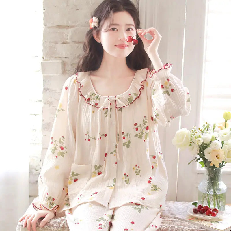 Pure Cotton Gauze Pajamas For Women Sweet And Fresh  Long Sleeves With Chest Pads
