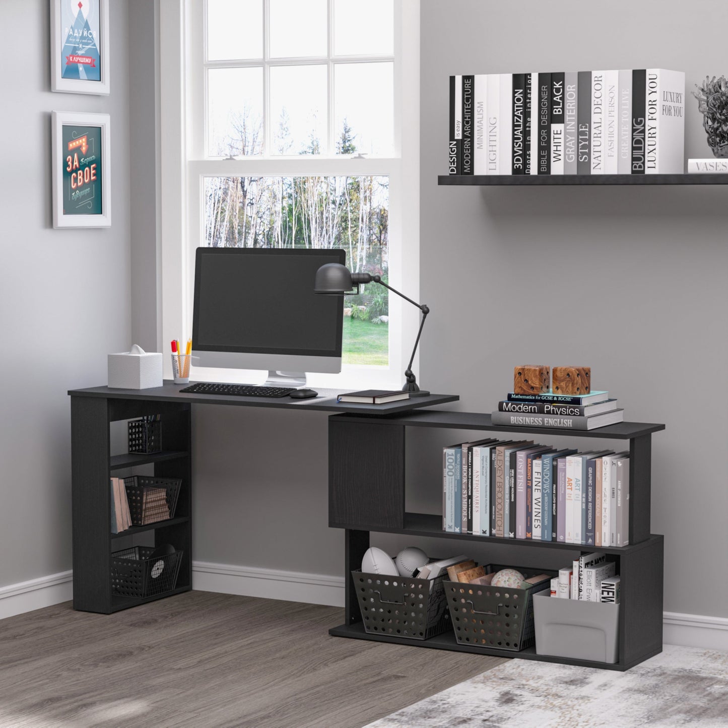 Denver L-Shaped Office Desk with 360° Rotating Corner Extension-Black