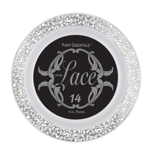 Assiettes en dentelle blanche 9" avec bordure argentée