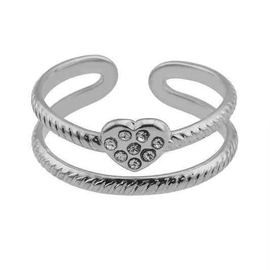 RENEE Plaqué Or Blanc Argenté : Bague Cœur Double Zircone Cubique (CZ)