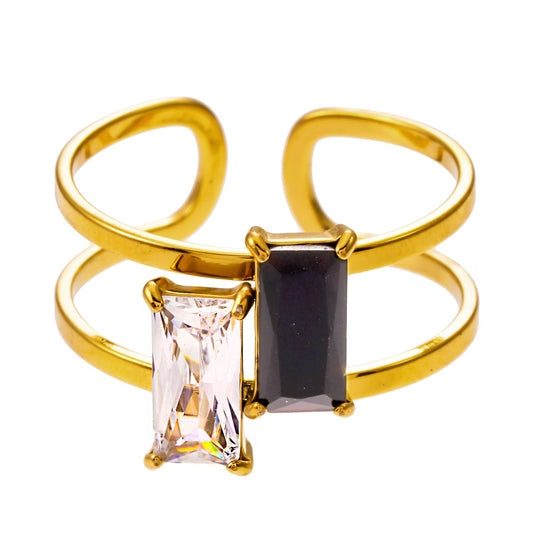 RIADEL : Bague ruban en zircone noire et transparente double éclat
