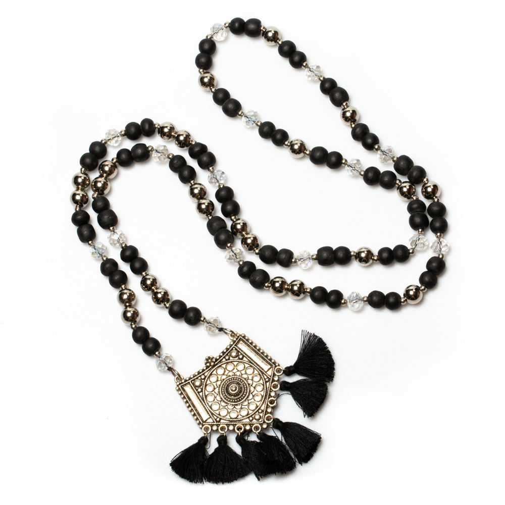 Wooden Bead Necklace With Pendant & Tassles