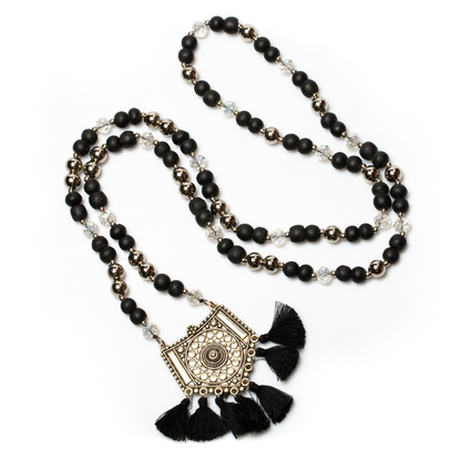 Wooden Bead Necklace With Pendant & Tassles