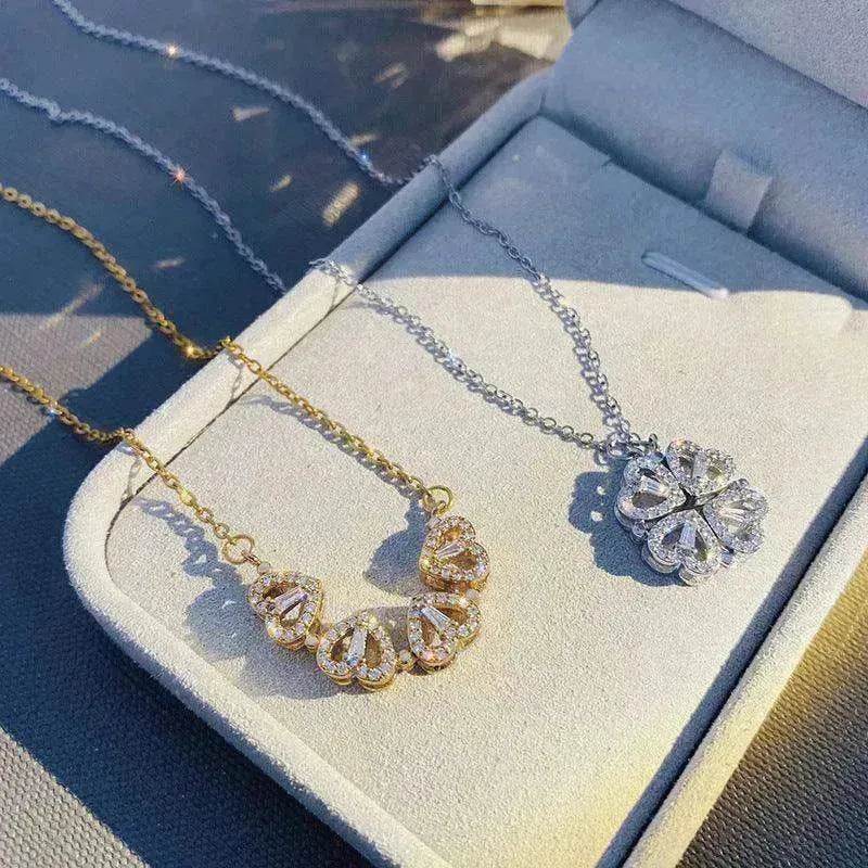Retro Magnetic Folding Heart Shaped Four Leaf Clover Pendant Women Necklace