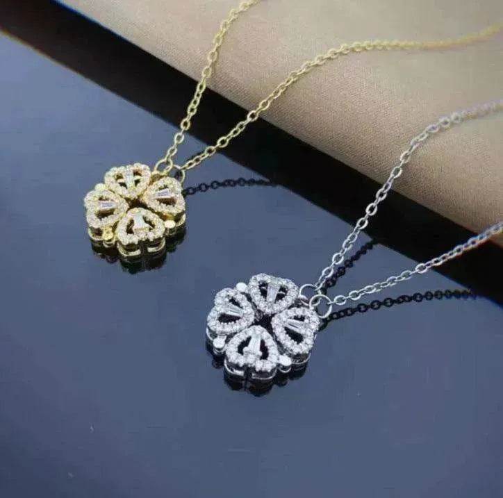Retro Magnetic Folding Heart Shaped Four Leaf Clover Pendant Women Necklace