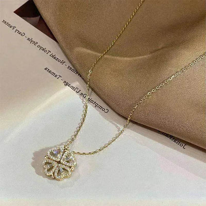 Retro Magnetic Folding Heart Shaped Four Leaf Clover Pendant Women Necklace