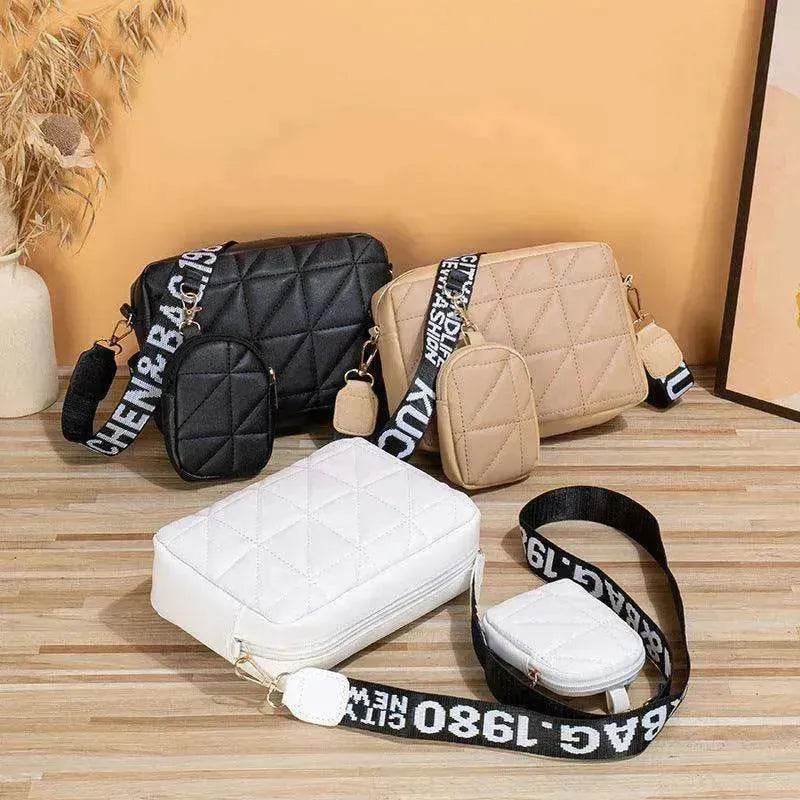 Rhombus Shoulder Bag + Wallet Set, Letter Print, Wide Strap
