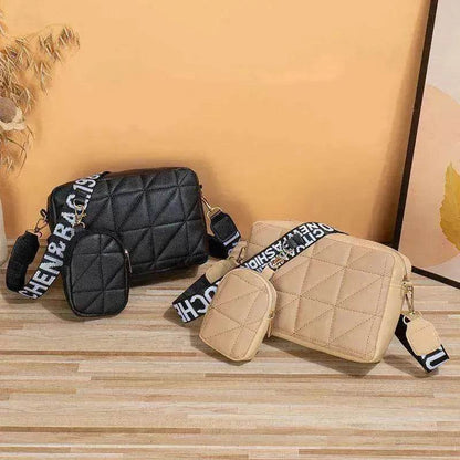 Rhombus Shoulder Bag + Wallet Set, Letter Print, Wide Strap