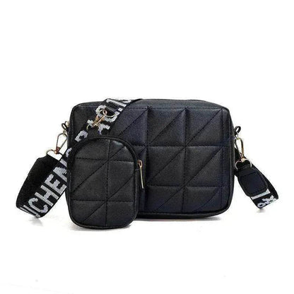 Rhombus Shoulder Bag + Wallet Set, Letter Print, Wide Strap