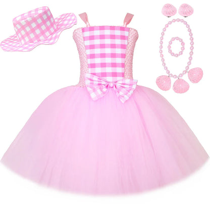 Movie Barbi Costume for Girls Margot Robbie Pink Plaid Tulle Tutu Dress Kids Halloween Birthday Party Princess Dress Up Clothes