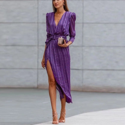 Elegant V Neck Lace-up Belted Party Dress Women Spring Striped Print Split Irregular Dress Autumn Long Sleeve Office Lady Dress