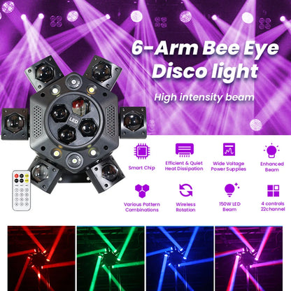 Projecteurs de scène à LED mobiles à 6 bras RGBW 150W Lyre Beam Lumières de fête avec télécommande Son DMX Disco DJ pour Karaoké Discothèque