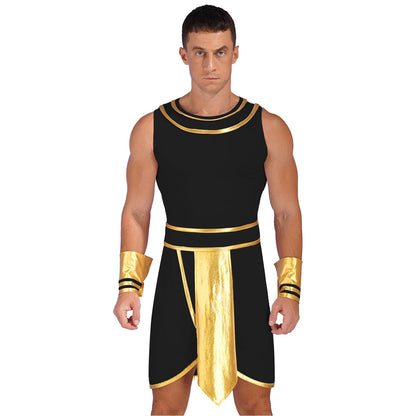 Mens Ancient Egypt Costume Adults Halloween Masquerade Cosplay Carnival Party Dress Sleeveless Themed Roleplay Dress with Cuffs