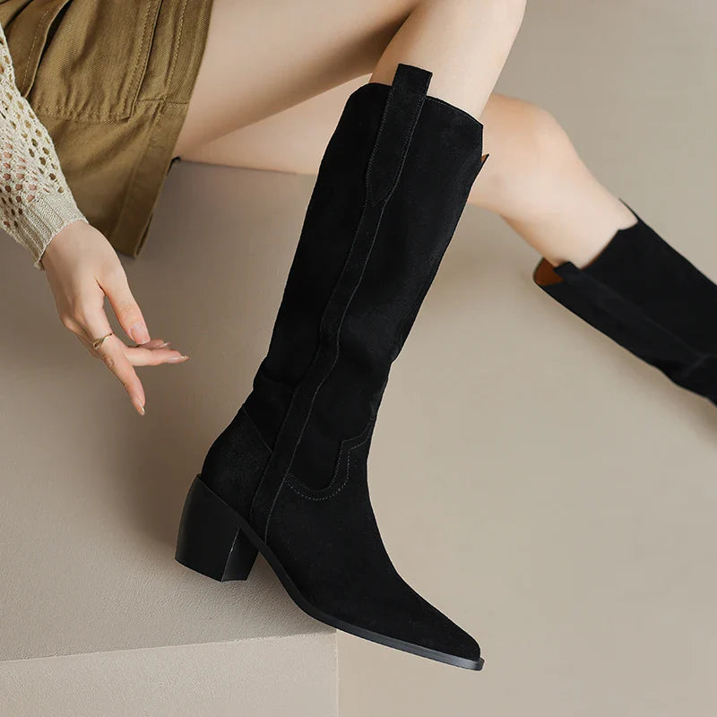 Bottes de Cowboy en Daim de Vache à Talons Hauts pour Femme, Style Vintage, Style Country Western, à la Mode, Automne Hiver