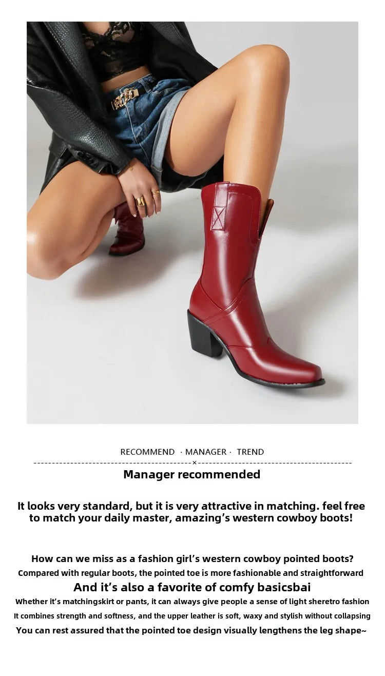 Bottes western rétro noires mi-mollet pour femme à talons épais gothiques, grandes tailles 34-48 777-11