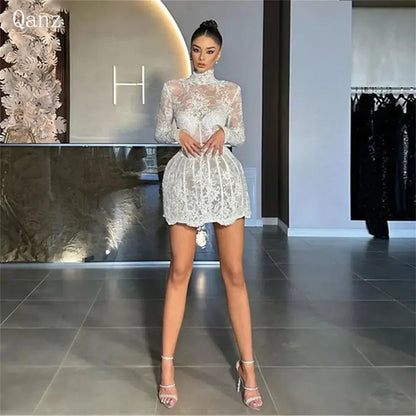 Qanz Chic dentelle robe De mariée courte col haut manches longues robe De soirée De mariage femmes sirène dos nu Vestido De Novia personnalisé