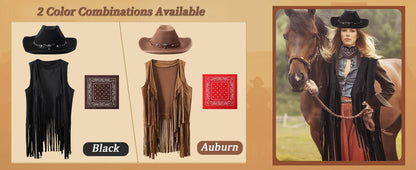 Women's Cowgirl Costume 3 Pcs Faux Suede Fringe Vest with Rivets Cowboy Hat Carnival Party Outfit Clubwear