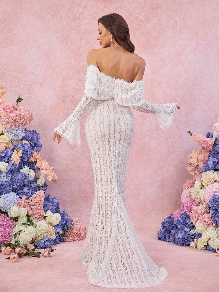Suninheart Autumn Long Sleeve Off The Shoulder Bodycon Dress 2024 New Mermaid Wedding Guest Party Dresses for Women White Dress