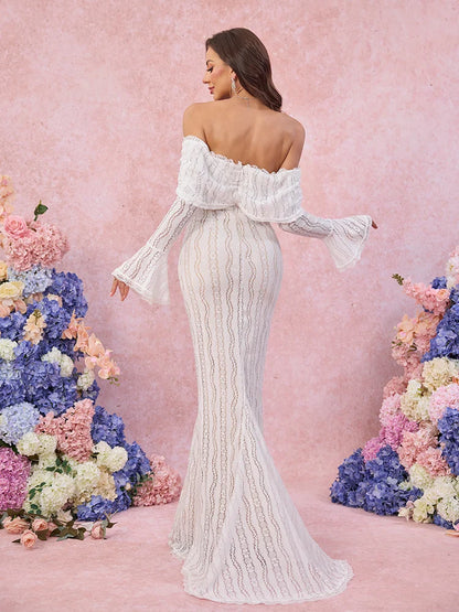 Suninheart Autumn Long Sleeve Off The Shoulder Bodycon Dress 2024 New Mermaid Wedding Guest Party Dresses for Women White Dress