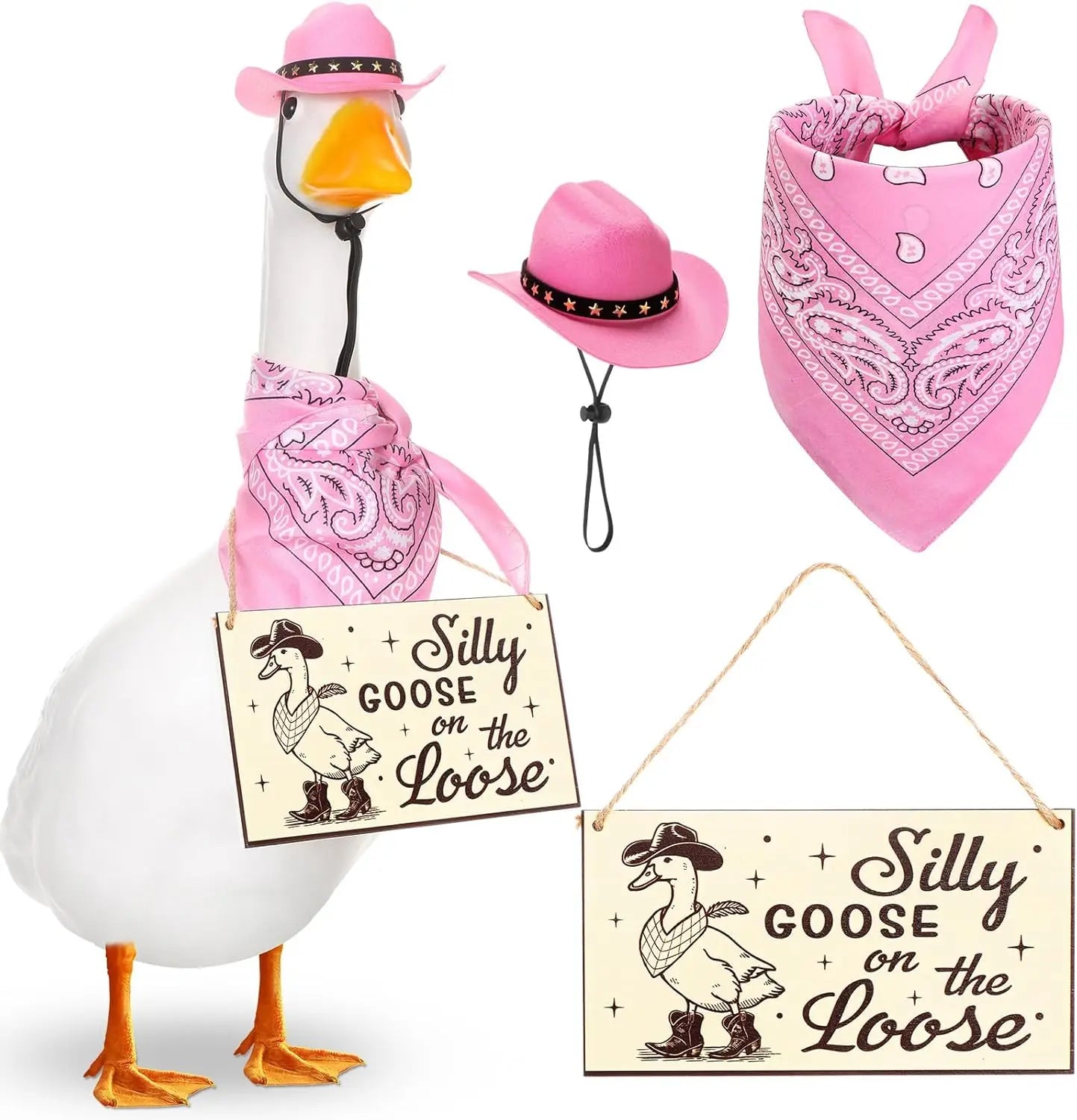 The Loose Hangings Sign Cowboy Goose Outfit with Cowboy Hat and Red Bandana for 23" Cement/Plastic Goose Outdoor Statue Patio