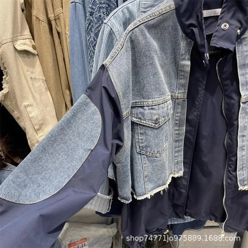 Women Patchwork Denim Bomber Jacket Spring Autumn Fake Two Piece Loose Drawstring Waist Patchwork Jean Coat Cowboy Cardigan Tops