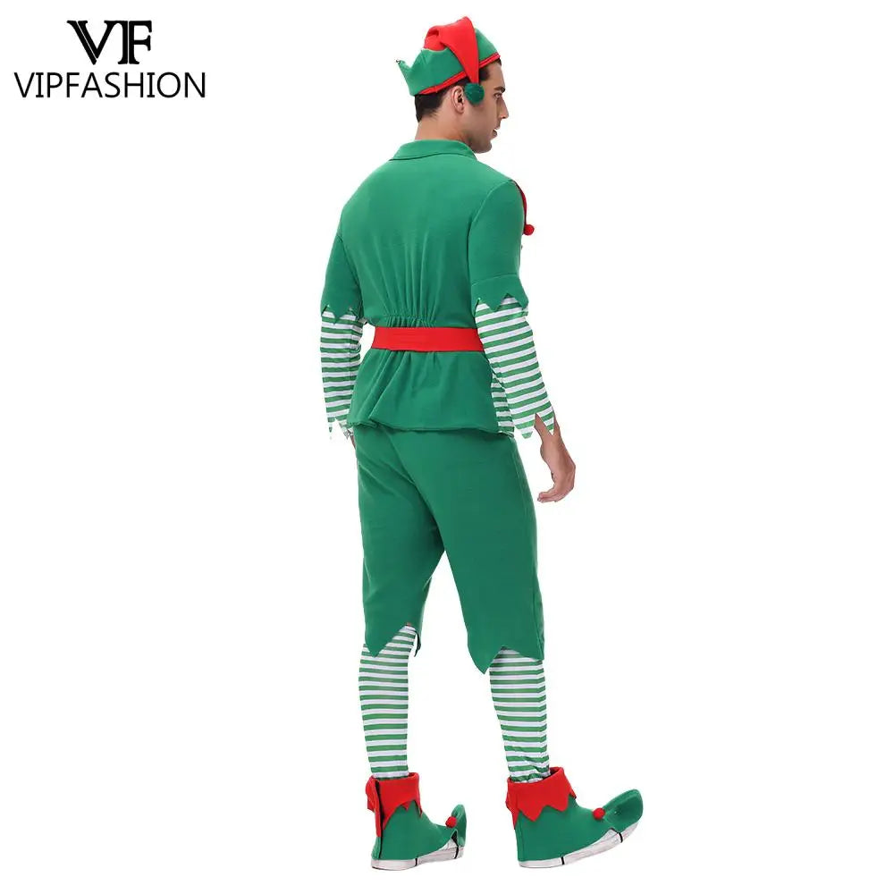VIP FASHION Men Christmas Elf Costume with Hat Stockings Shoe Covers Belt Fancy Xmas Party Dress Up Outfit Male Festival Clothes