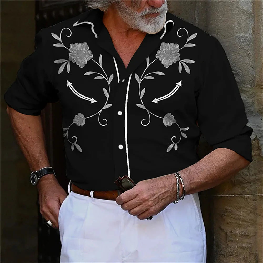 Chemise de style occidental pour hommes, motif d'instrument de musique, imprimé bouton à manches longues de rue, vêtements de sport de rue à la mode
