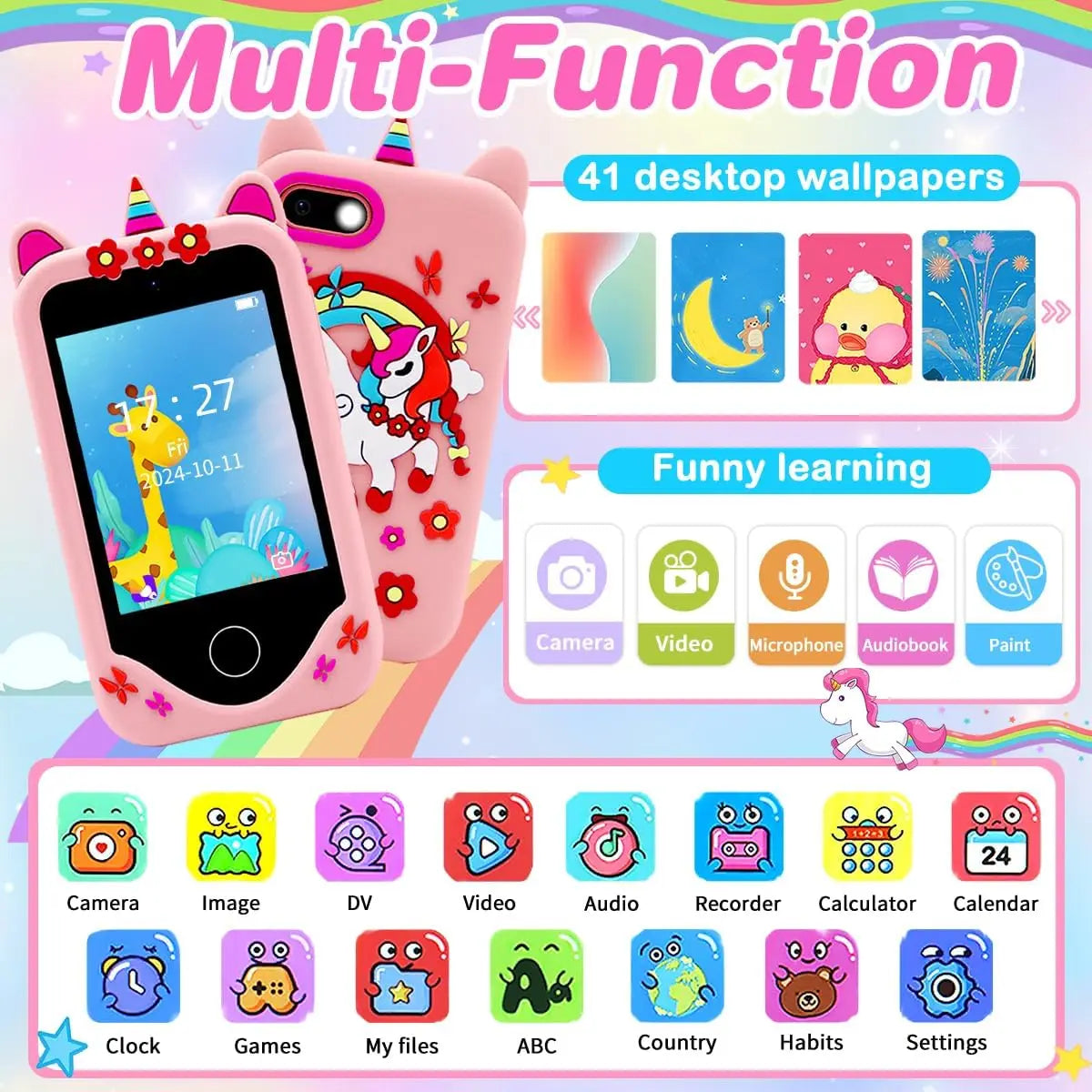 Téléphone intelligent pour enfants Filles Garçons Jouets Téléphone portable Double appareil photo Lecteur de musique 17 jeux Téléphone d'apprentissage pour tout-petits Cadeaux d'anniversaire