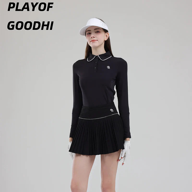 Vêtements de golf pour femme - T-shirt de golf à manches longues pour femme - Hauts de golf à col polo - Jupe plissée taille haute - Jupe-short de golf avec short intérieur