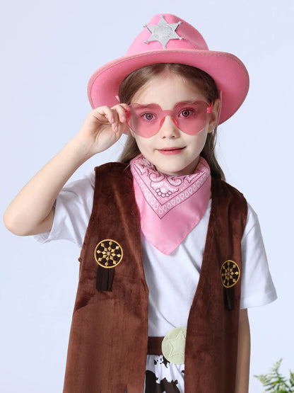 Kids Cowboy Hat Girls Pink Cowgirl Hat with Bandana Glasses Western Caps Performance Birthday Party Costume Accessories