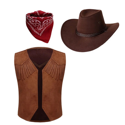 Kids Western Cowboy Costume Suede Leather Fringe Vest with Bandanna Felt Hat Halloween Wild West Cowgirl Cosplay Party Dress Up