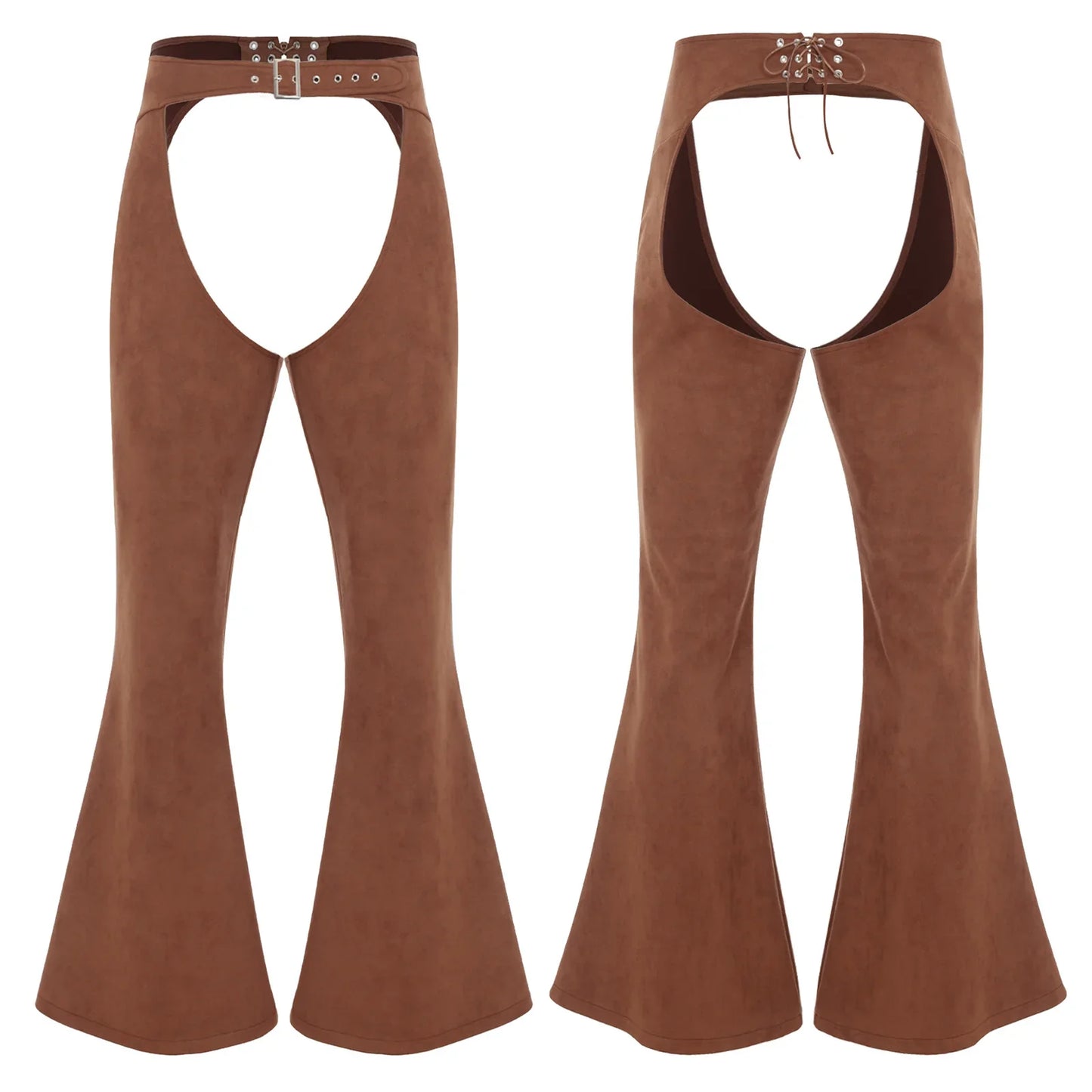 Womens Faux Suede Leather Cowboy Pants Vintage Adjustable Waist Hollow Out Bell Bottoms Biker Pants Riding Motorcycle Trousers