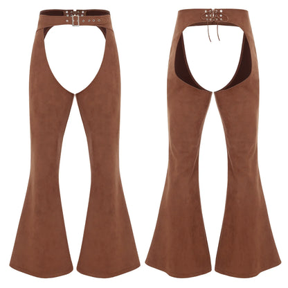 Womens Faux Suede Leather Cowboy Pants Vintage Adjustable Waist Hollow Out Bell Bottoms Biker Pants Riding Motorcycle Trousers