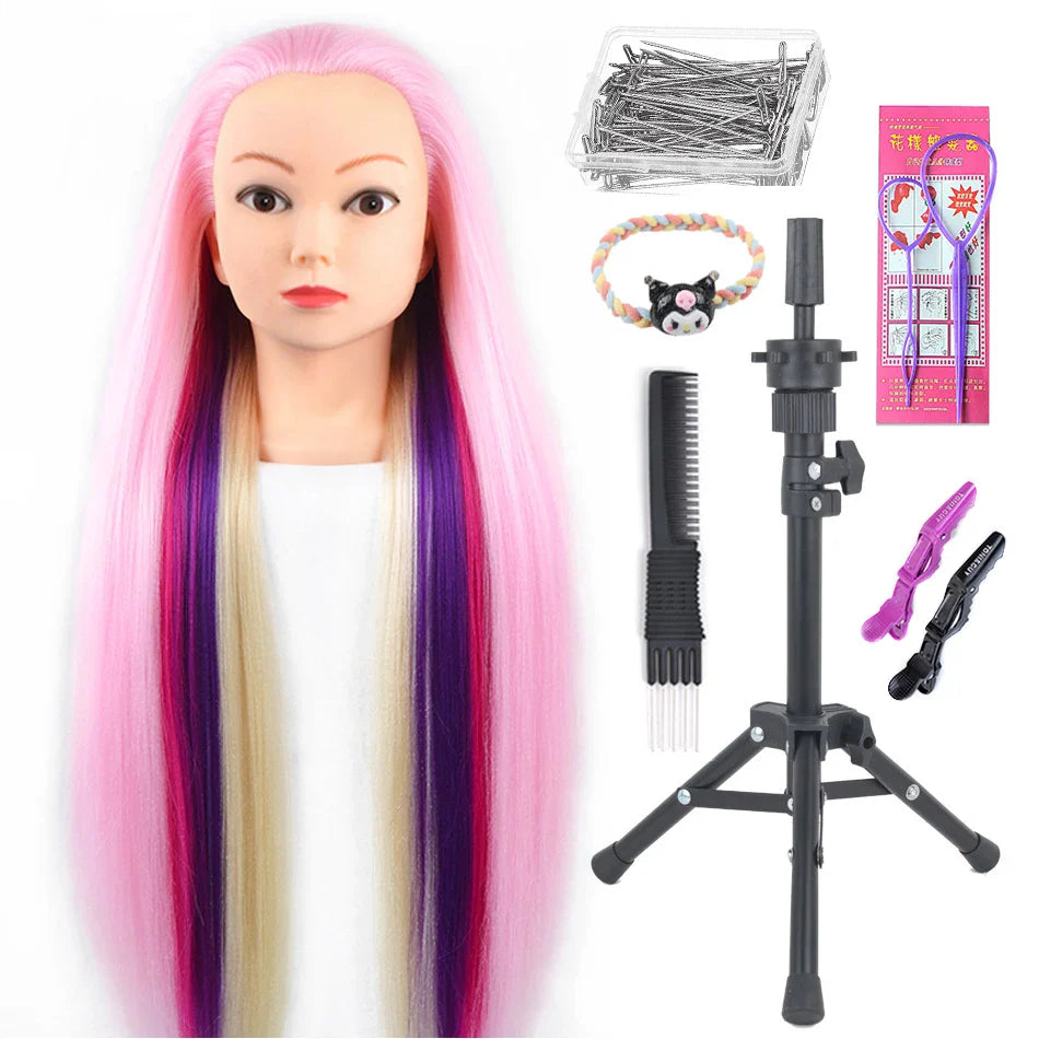Tête de mannequin à cheveux longs synthétiques avec support de trépied de perruque réglable Modèle avec tête de mannequin Formation de coiffeur coiffant