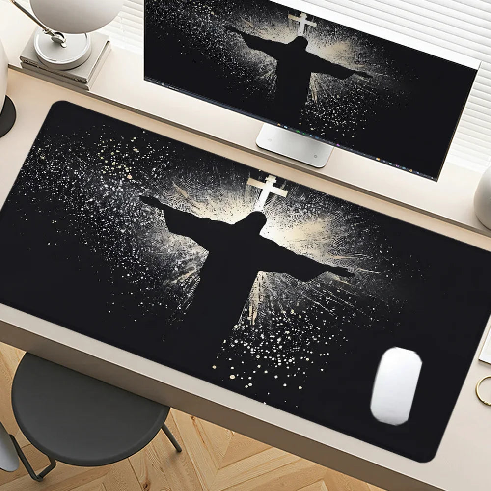 Jesus & Cross Mouse Pad Large Desk Accessories Desk Pad Rubber Base with Stitched Edge Mousepad Non-Slip Mousepad for Office