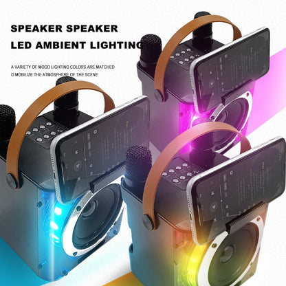 High Power Karaoke Machine, Mini Bluetooth Speaker and Microphone Set, RGB Lighting Effects, Stereo Subwoofer, with Phone Holder