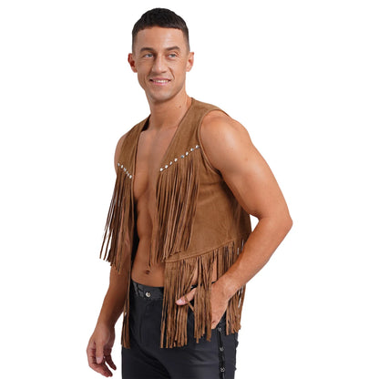 Gilet de cow-boy Western Halloween pour homme, en similicuir suédé, à pampilles et rivets, pour le motocyclisme, les raves, les fêtes et les boîtes de nuit