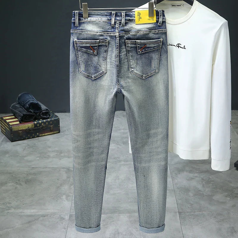 Jean Rétro Homme Slim Élastique Épissé Zip Skinny Crayon Pantalon Harajuku Hip-hop Rock Moto Denim Pantalon Streetwear
