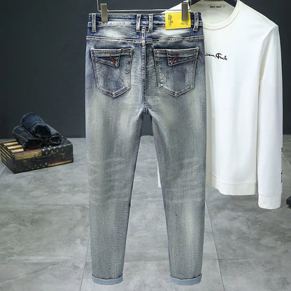 Men's Retro Jeans, Slim, Elastic, Zipper, Skinny Pencil Pants, Harajuku Style, Hip Hop, Rock, Motorcycle, Streetwear