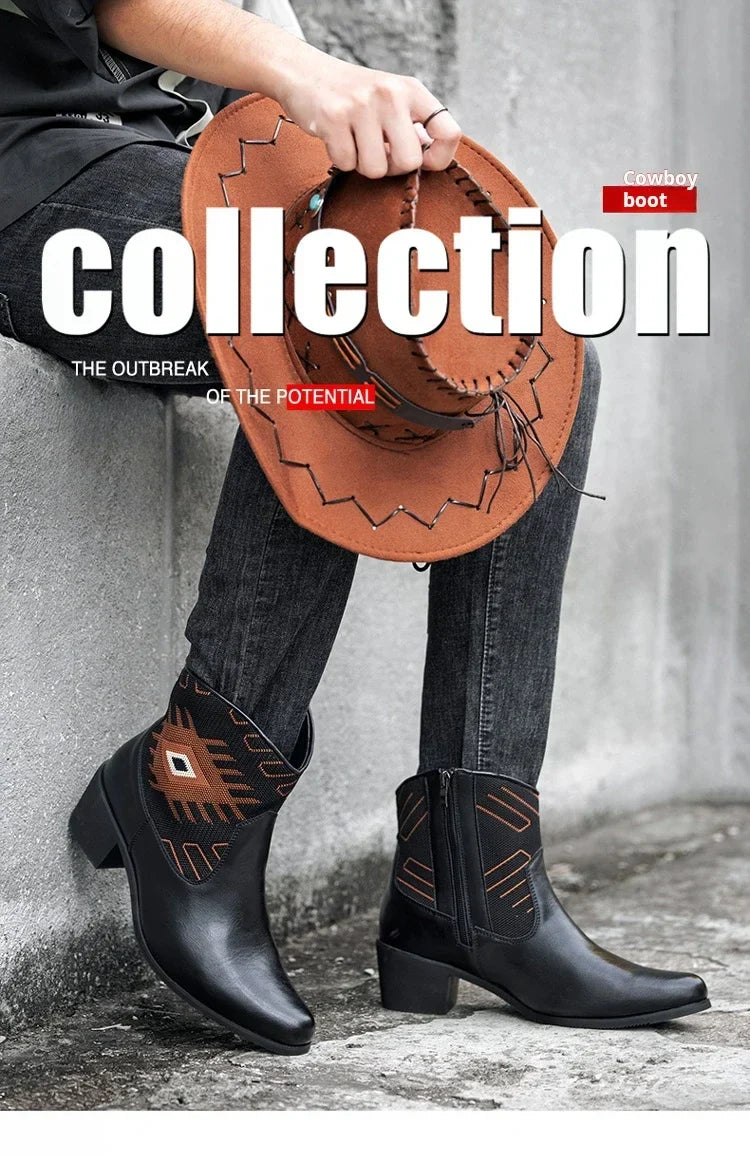 Cowboy Classic Fashionable Embroidered Pull On Boots with Wide Square Toe Western Retro Boot Durable 2025 Boots For Men