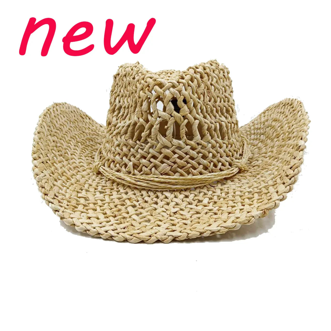 Chapeau de paille de cowboy vert matcha, tissé à la main, creux, pour hommes et femmes, chapeau de soleil d'été, chapeau de paille de cowboy occidental